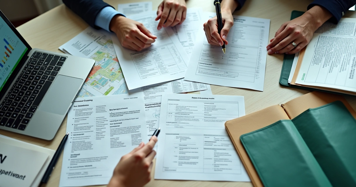 Documentos de risco ambiental sobre mesa de reunião 