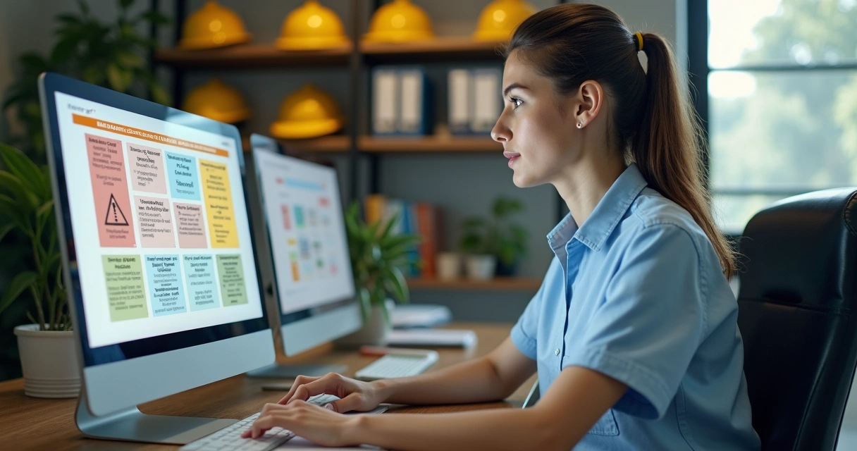 Funcionária de pequena empresa preenchendo formulário de riscos no computador 