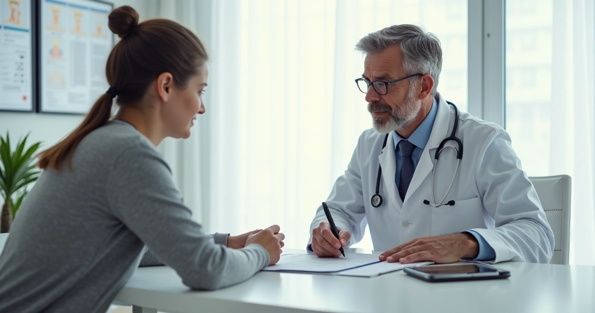 Médico e paciente em consulta com documentos sobre a mesa 