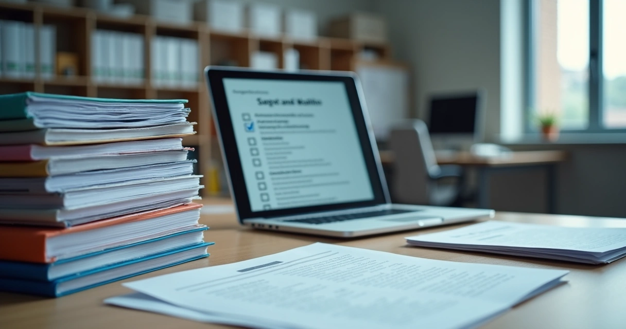 Mesa de escritório com documentos de segurança do trabalho organizados 