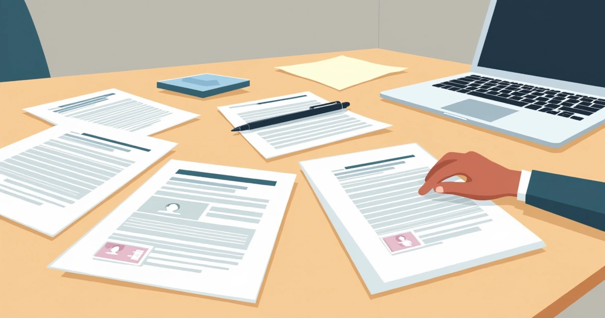 Papéis, formulários e documentos de identificação organizados sobre uma mesa. 
