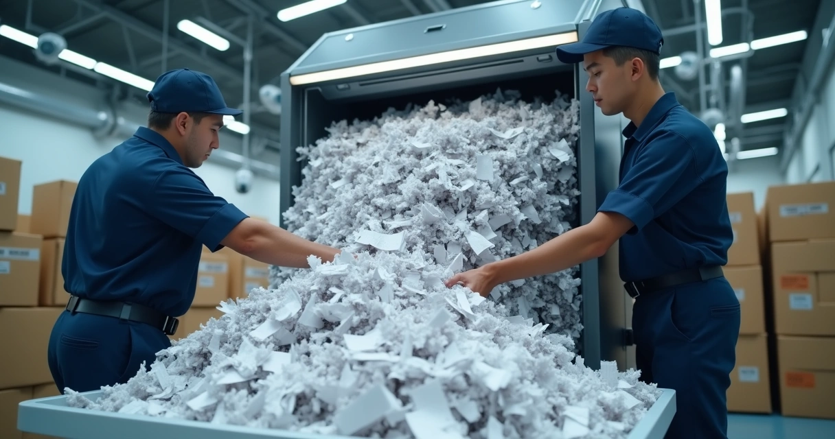 Documentos sendo destruídos em máquina de trituração industrial 