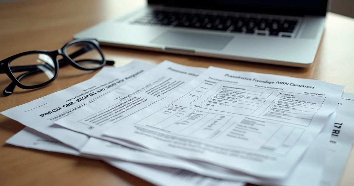 Pilha de documentos de inventário e bens em mesa de escritório