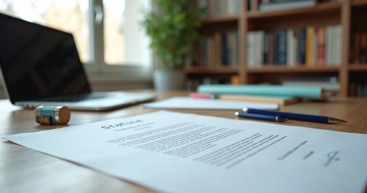 Mesa de escritório com documentos e estatuto social 