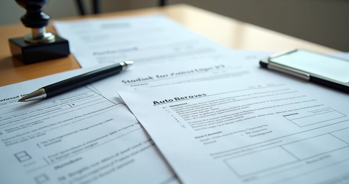 Documentos médicos e papéis organizados em uma mesa, caneta e carimbo médico em destaque.