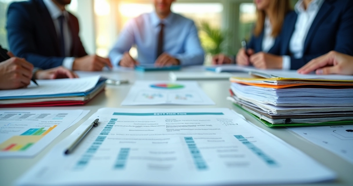 Pilha organizada de documentos e laudos de SST sobre uma mesa Executiva 