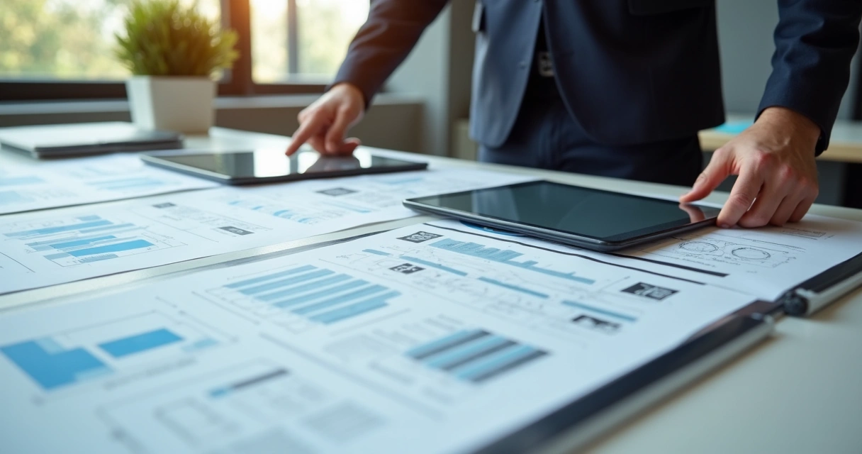 Conjunto de documentos técnicos, laudos e plantas para revisão em mesa de escritório moderno 