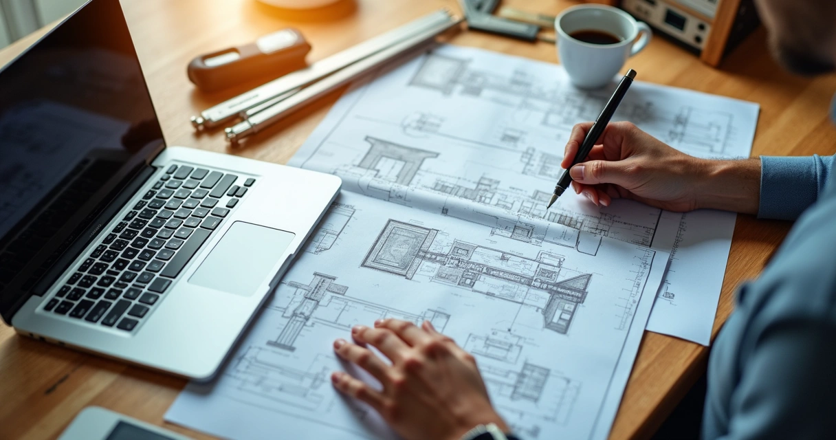 Mesa com documentos técnicos, relatório e laptop abertos 