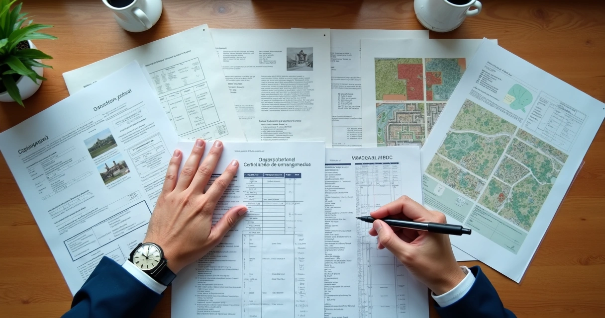 Mesa de escritório com documentação de terreno, matrícula, certidões e mapas abertos