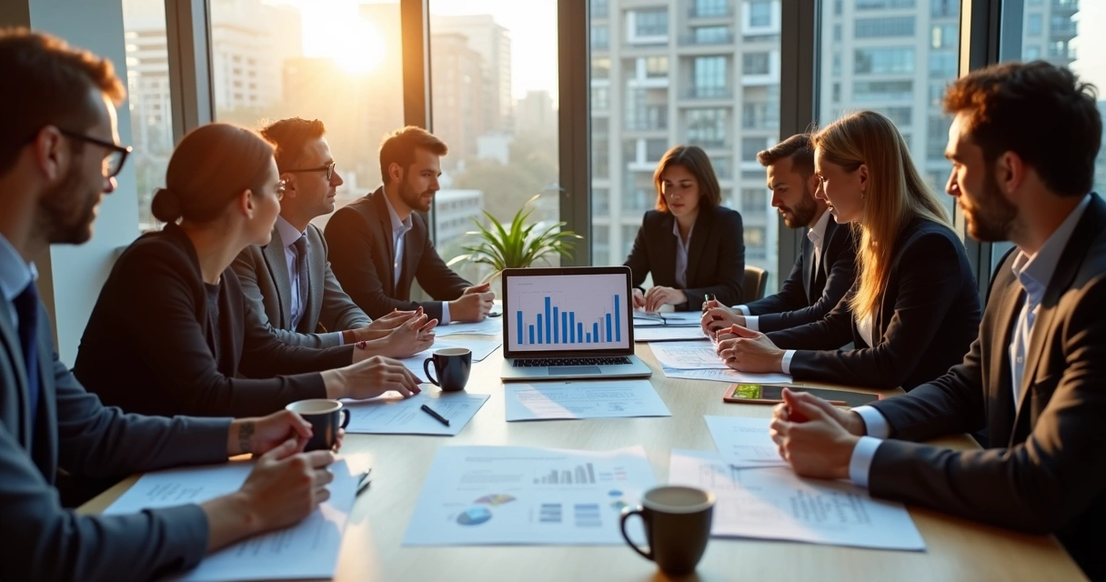 Mesa com equipe reunida analisando documentos de TI e computador com gráficos