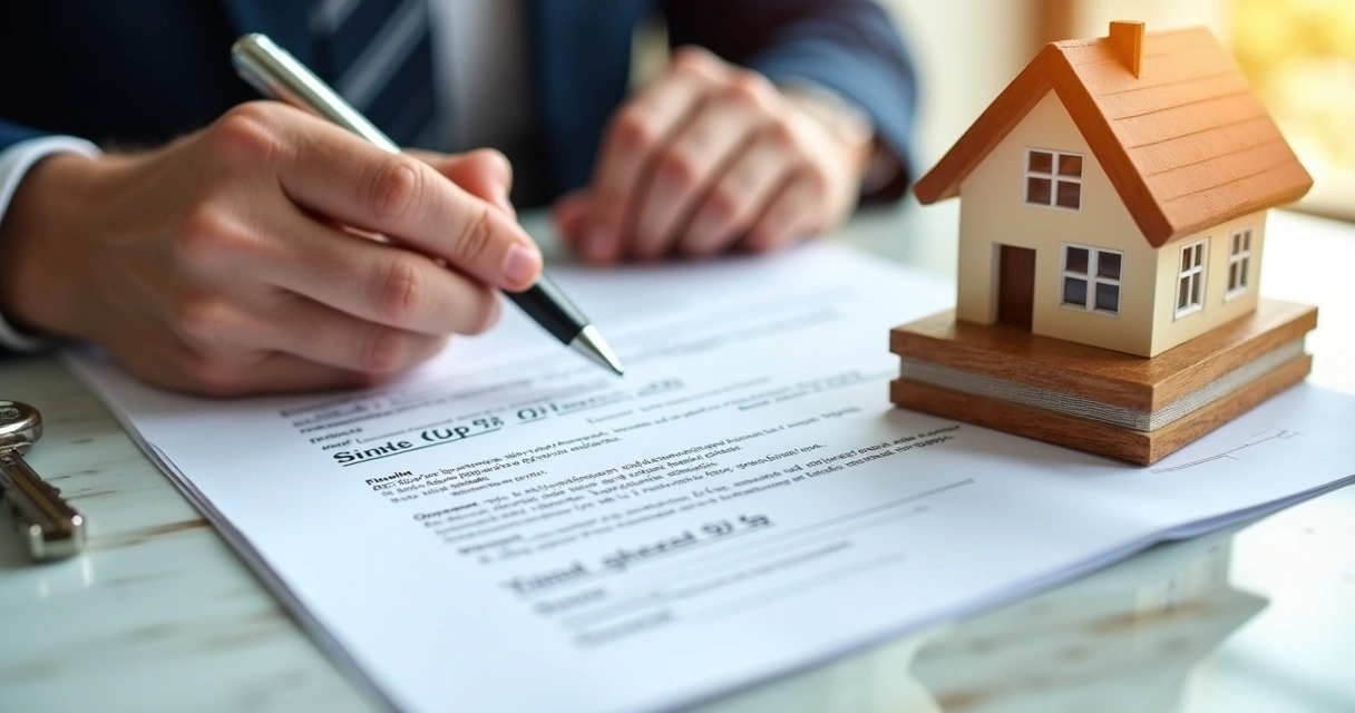 Pessoa verificando documentos imobiliários com destaque para assinatura e carimbo 