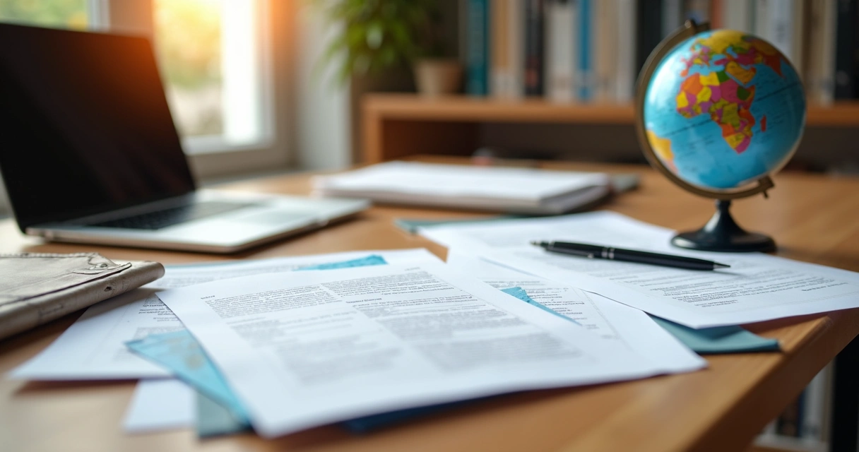 Documentos de contratação internacional organizados na mesa de escritório 