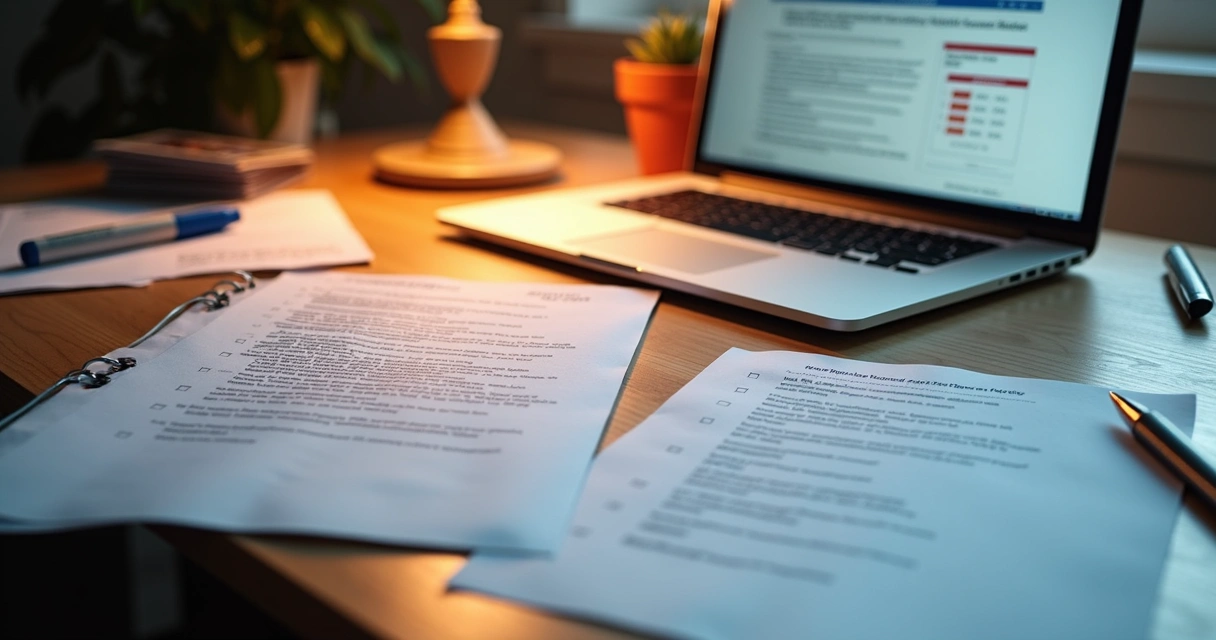 Mesa de trabalho com documentos sobre normas regulamentadoras