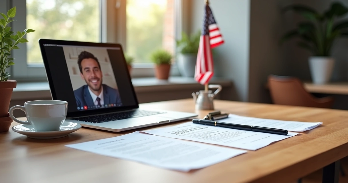 Mesa organizada com documentos importantes para trabalho remoto e bandeira dos EUA ao fundo 