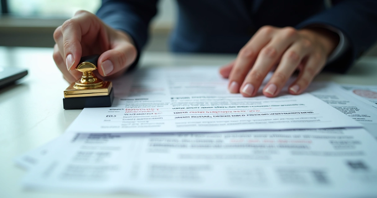 Carimbos e papéis traduzidos e apostilados sobre uma mesa