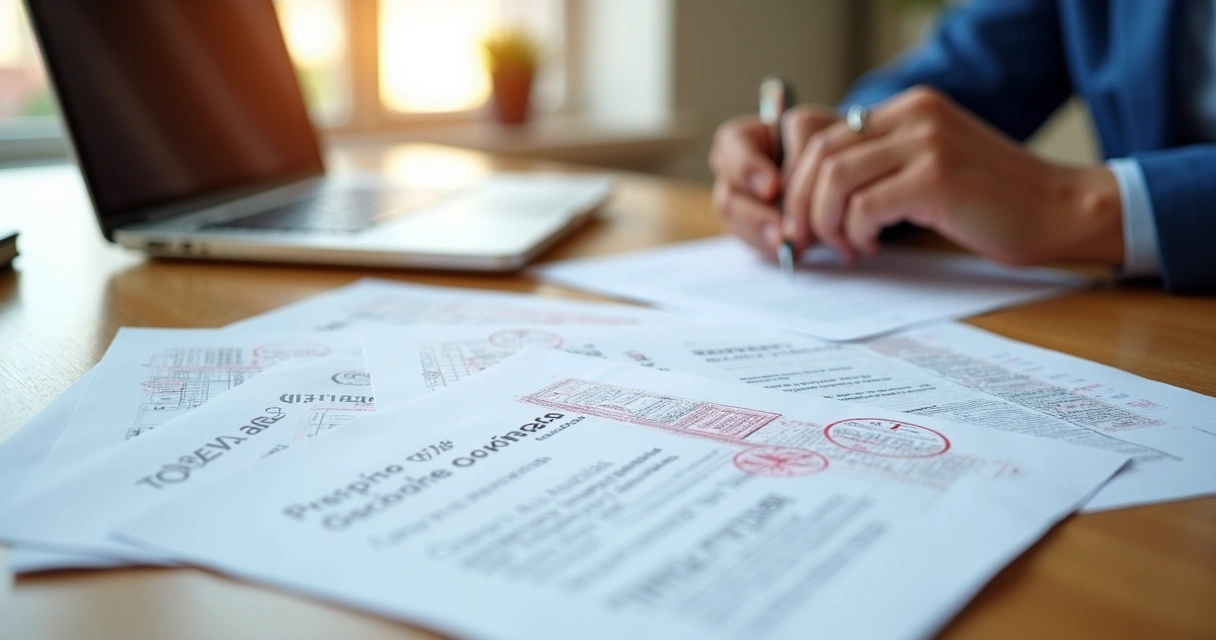 Documentos traduzidos organizados sobre mesa com carimbo 