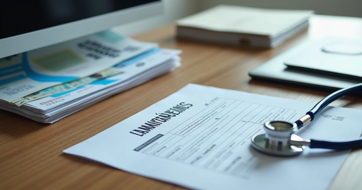 Documentos médicos e licenças organizados na mesa da clínica