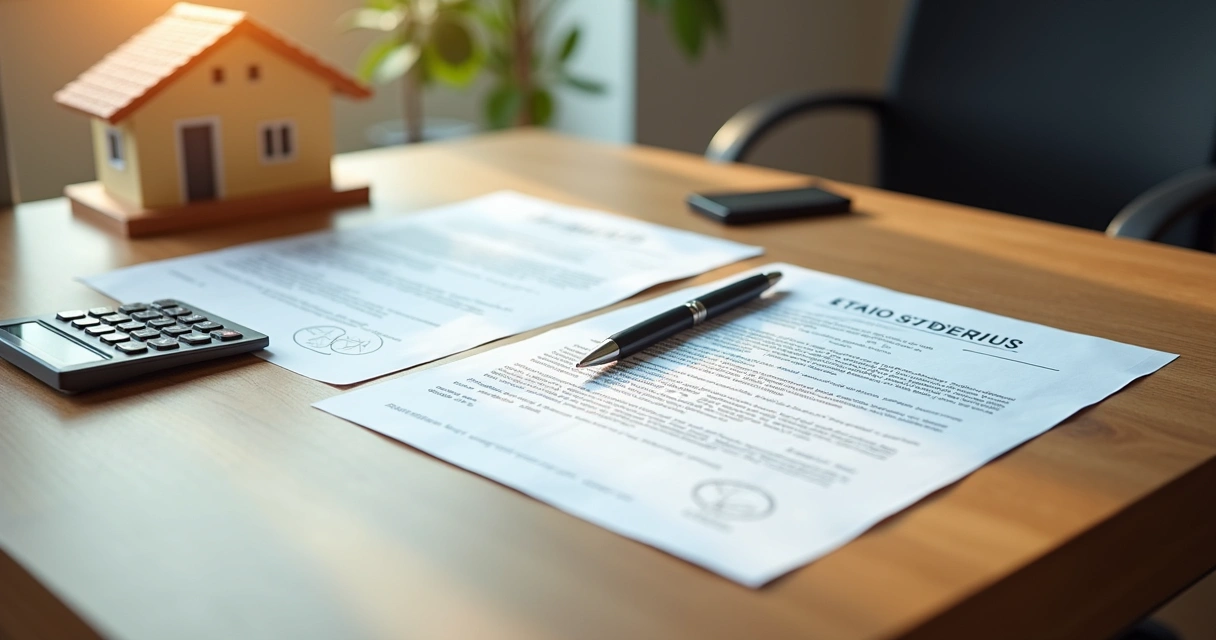 Documentos para transferência de imóvel em mesa de escritório 