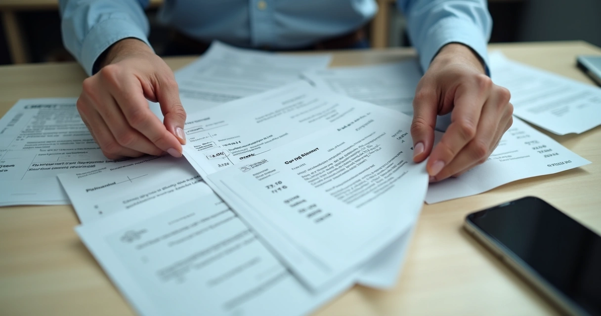 Documentos e comprovantes espalhados sobre uma mesa de madeira clara.