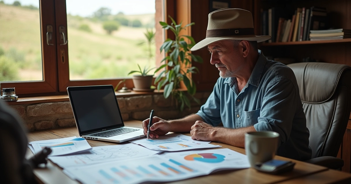 Agricultor analisando documentos fiscais em escritório rural