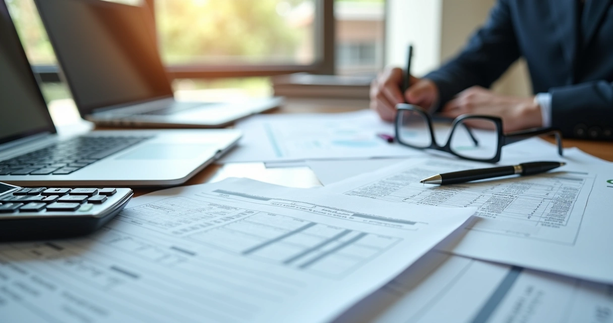 Documentos tributários e calculadora sobre mesa de escritório 