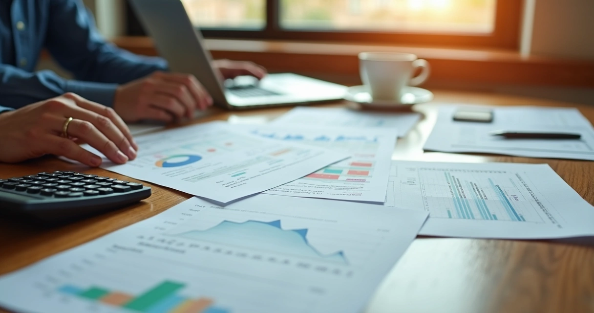Mesa com documentos fiscais, calculadora e laptop 