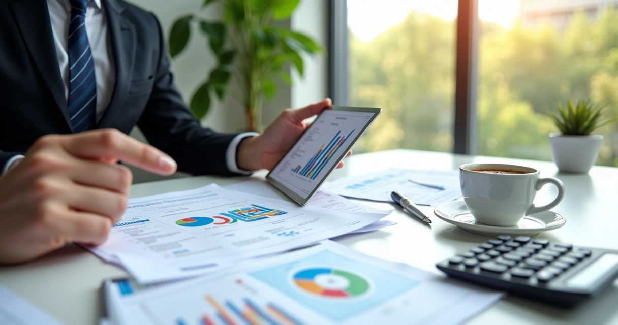 Documentos fiscais e gráficos em análise sobre mesa de escritório 