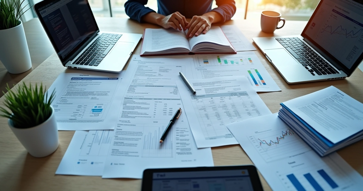 Documentos organizados em mesa de escritório 