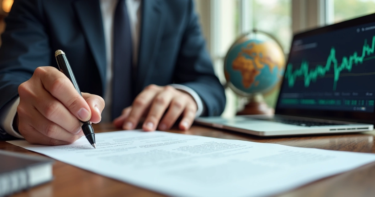 Assinatura de documentos de trust internacional em uma mesa clara 
