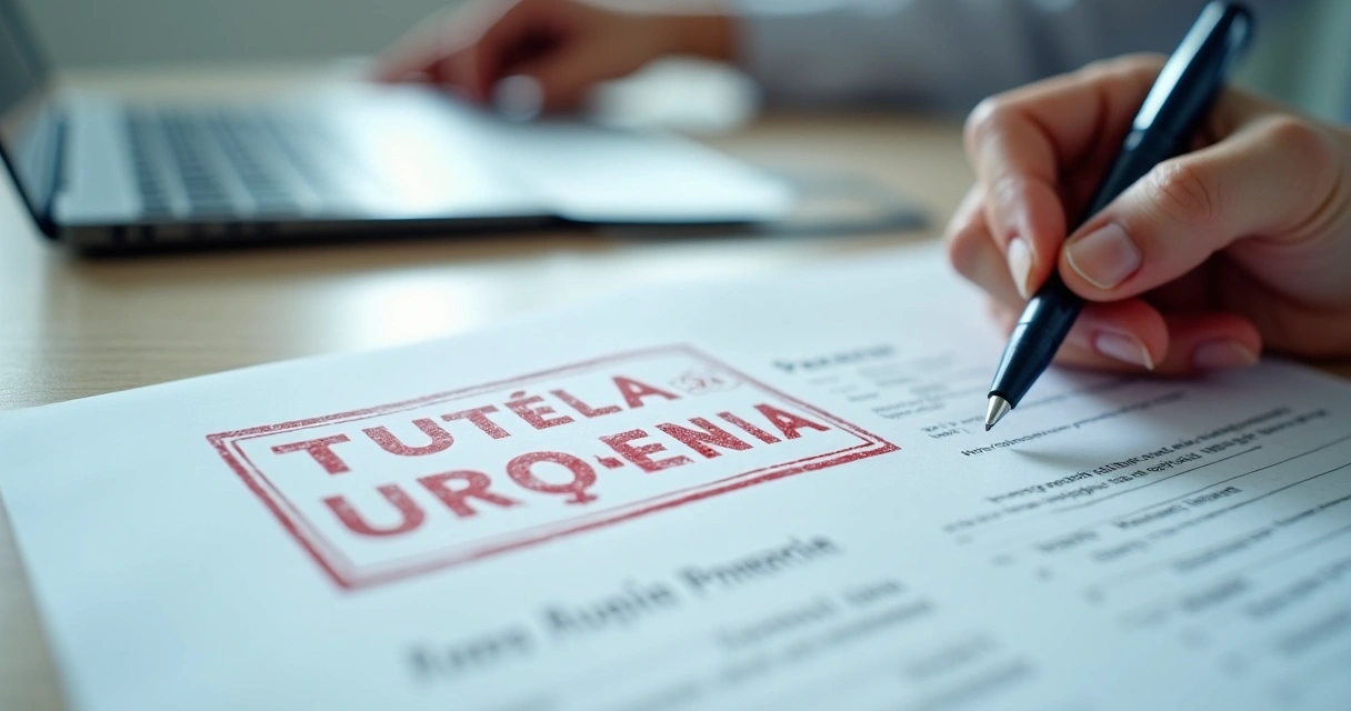 Documentos com carimbo de tutela de urgência e laudo médico sobre mesa