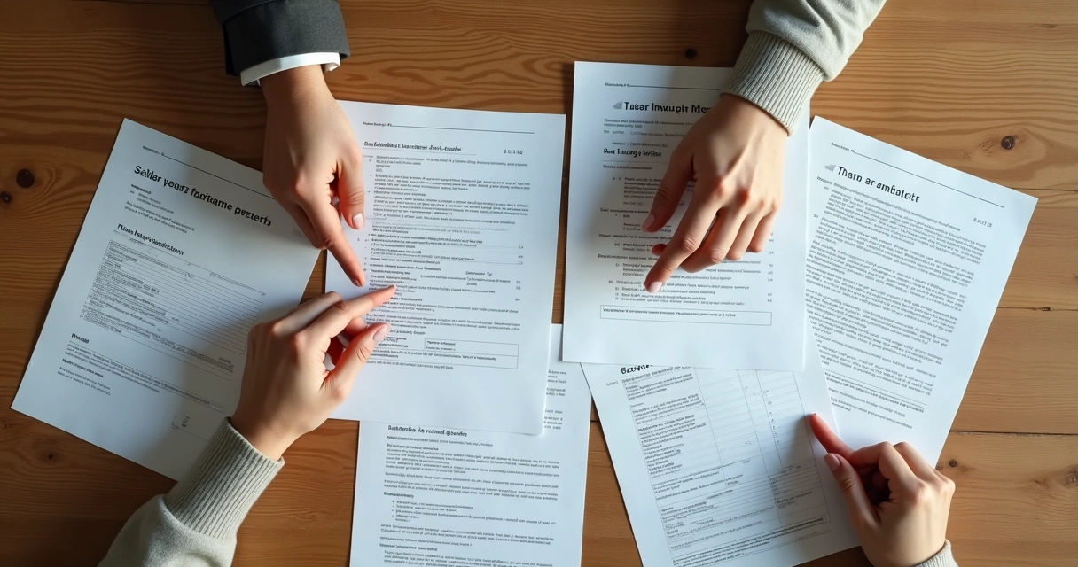 Mesa com diversos documentos e mãos de casal analisando papéis 