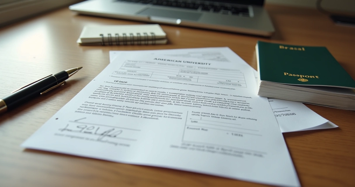 Documentos universitários, carta de aceite e passaporte sobre mesa 