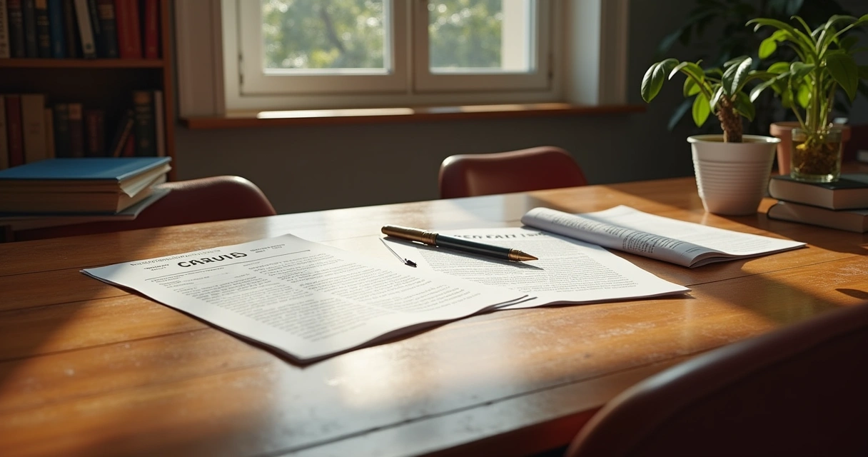 Documentos necessários para usucapião dispostos em uma mesa de madeira em sala de estar aconchegante.