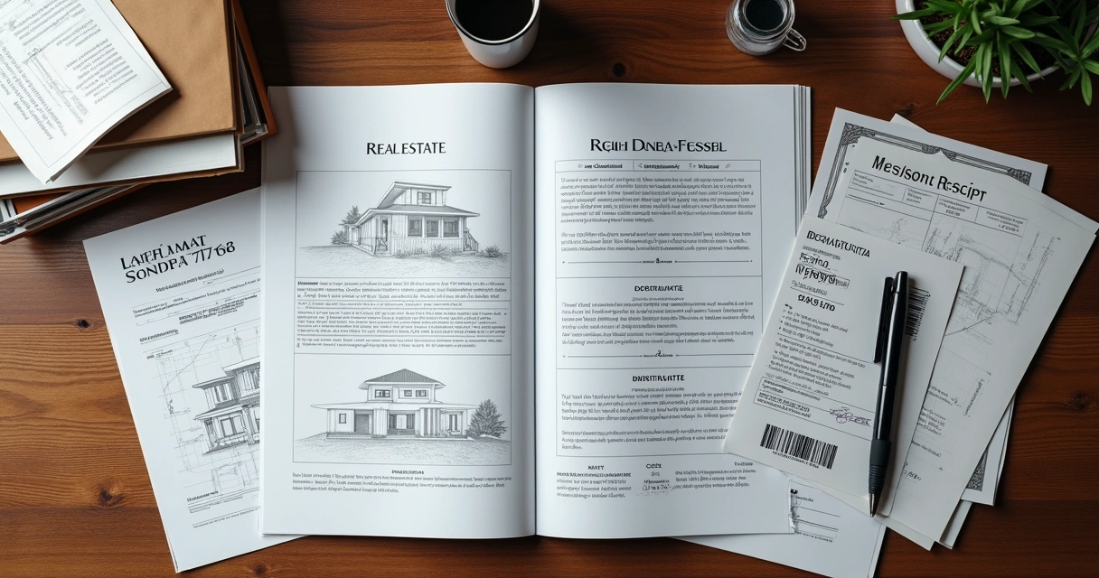 Mesa organizada com documentos de imóvel, plantas, comprovantes e RG 