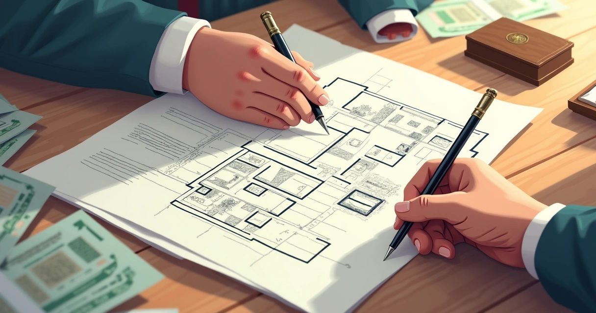 Mesa com diversos documentos de usucapião, carimbo e pessoa escrevendo ao lado de uma planta de imóvel 