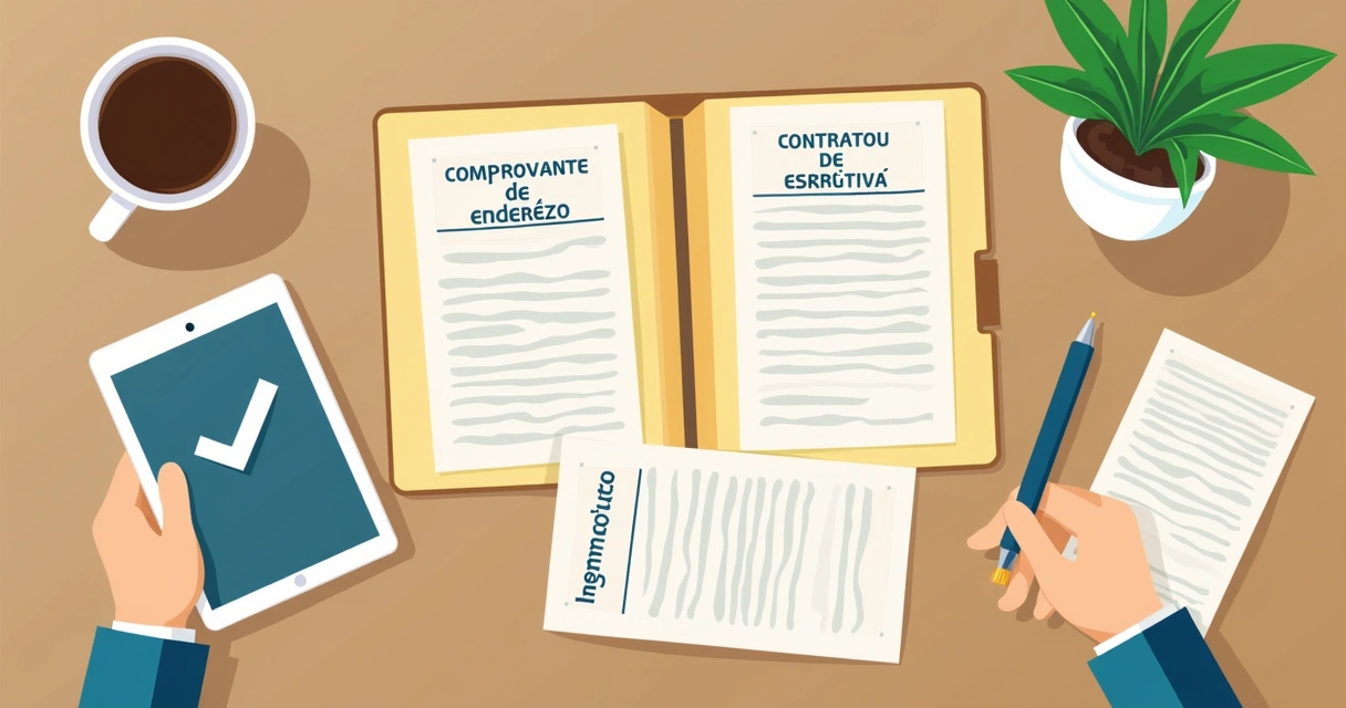 Documentos organizados sobre uma mesa para processo de usucapião 