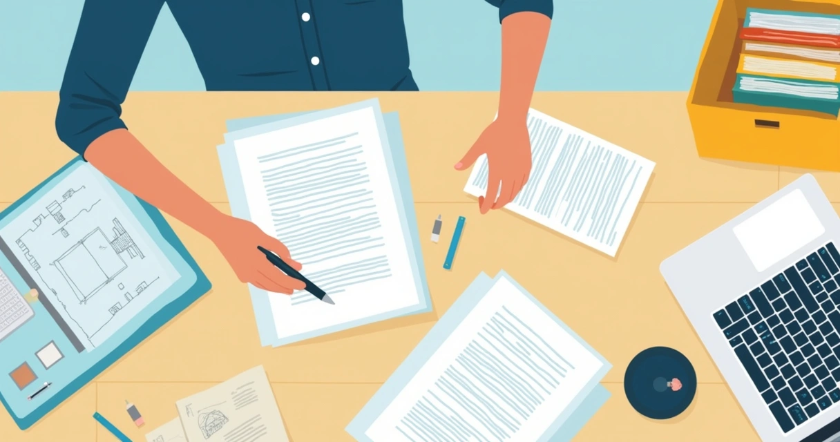 Pessoa organizando documentos de imóvel sobre uma mesa 