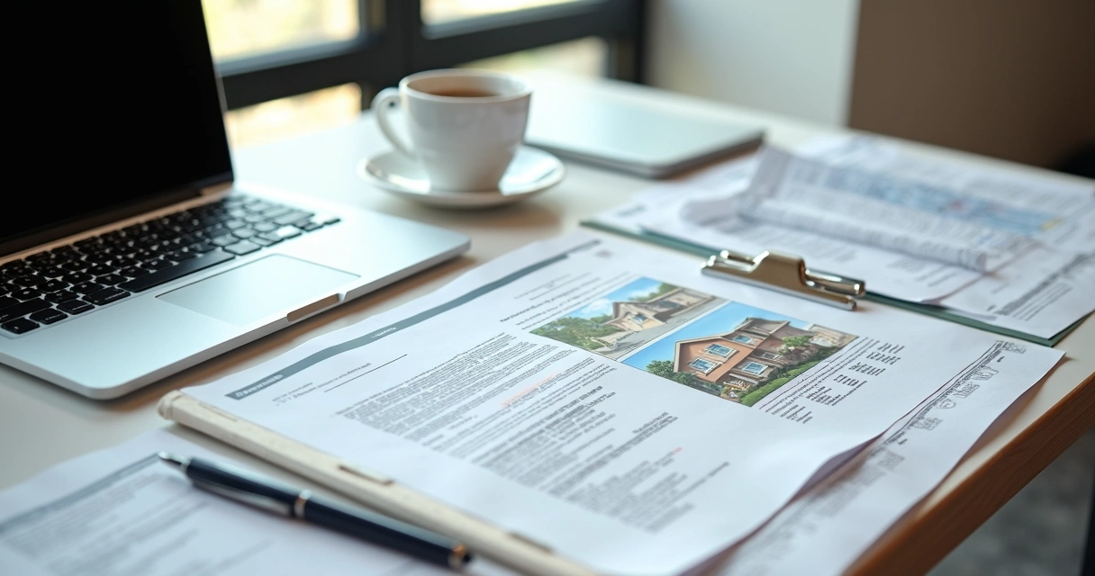 Documentos de regularização imobiliária sobre mesa de escritório 