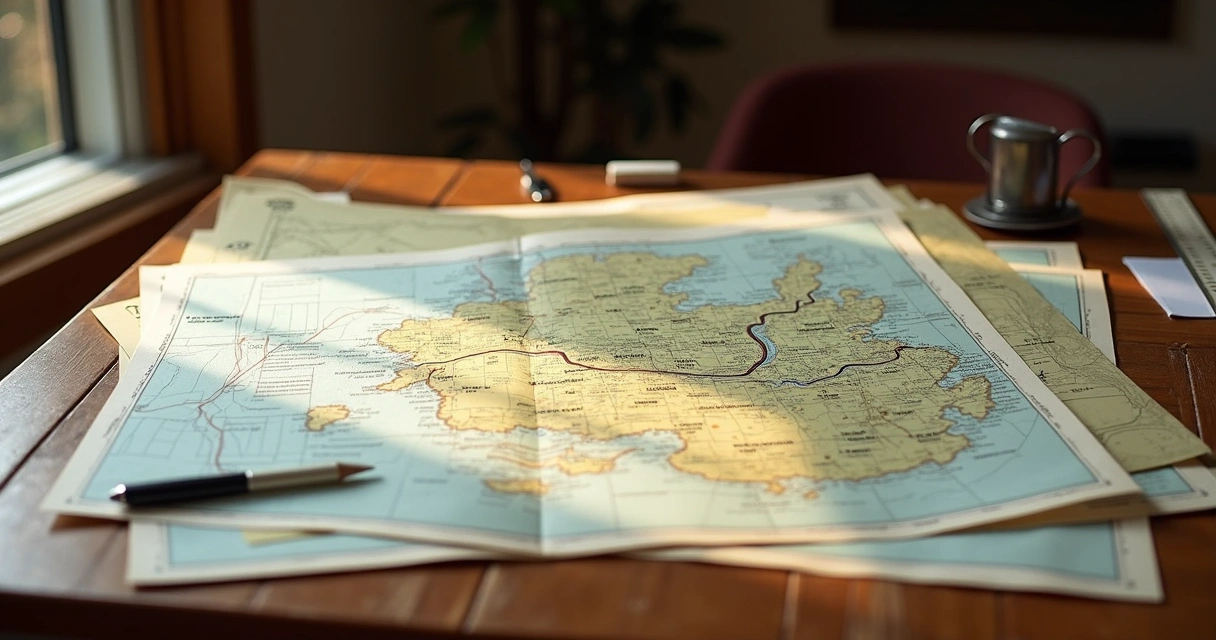 Mesa com pilha de documentos, mapas e certidões 