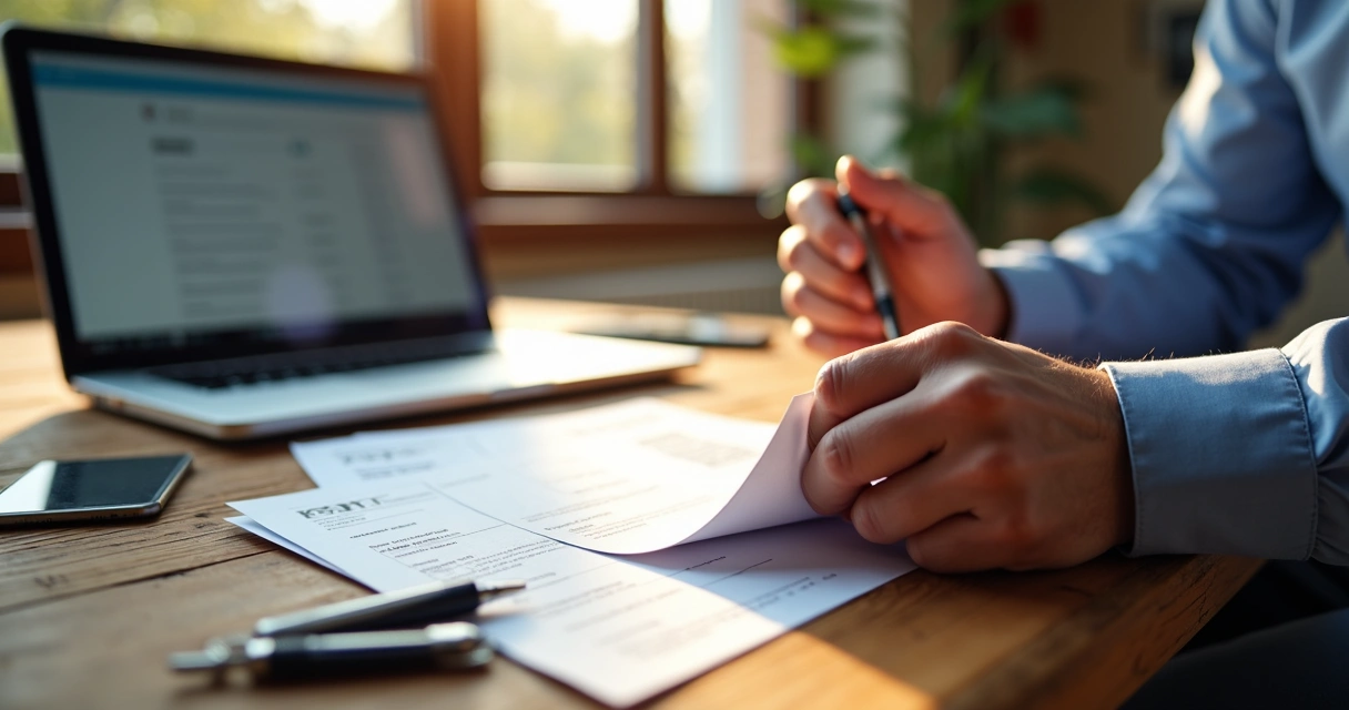 Homem segurando documento de veículo sobre uma mesa de madeira 