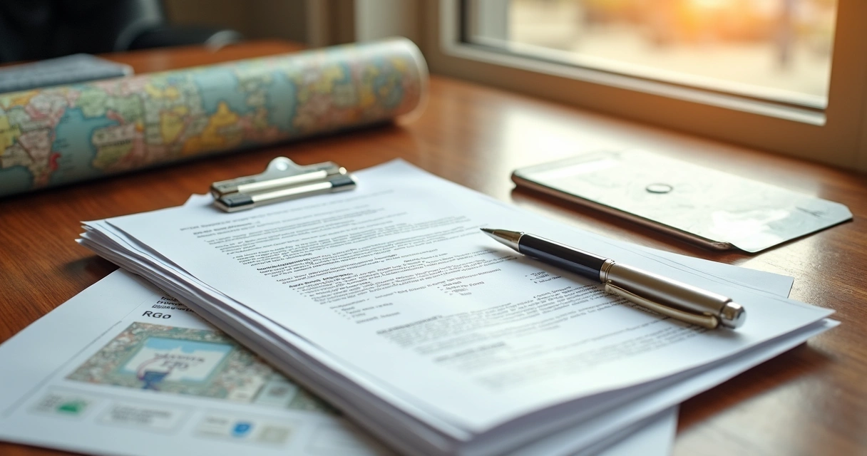 Documentos para venda de imóvel organizados sobre uma mesa 