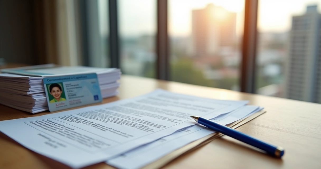 Carteira de identidade, escrituras e documentos legais sobre mesa de madeira clara 
