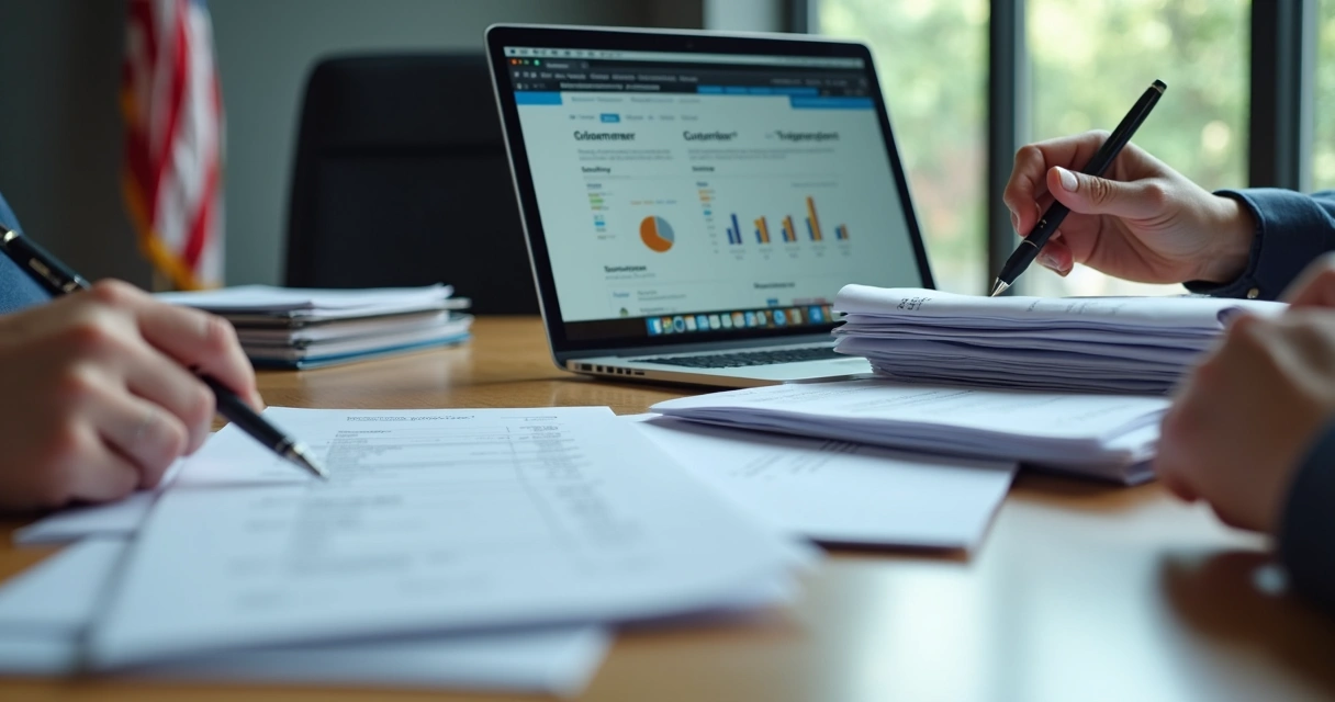 Melhores práticas para evitar prejuízo com chargeback nos EUA 2 Documentos organizados e laptop abertos em mesa de reunião nos EUA