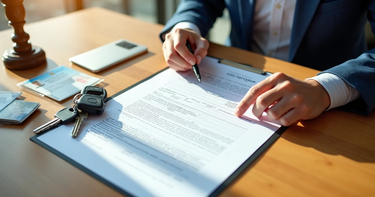 Documentos de automóviles y contrato de compraventa sobre una mesa 