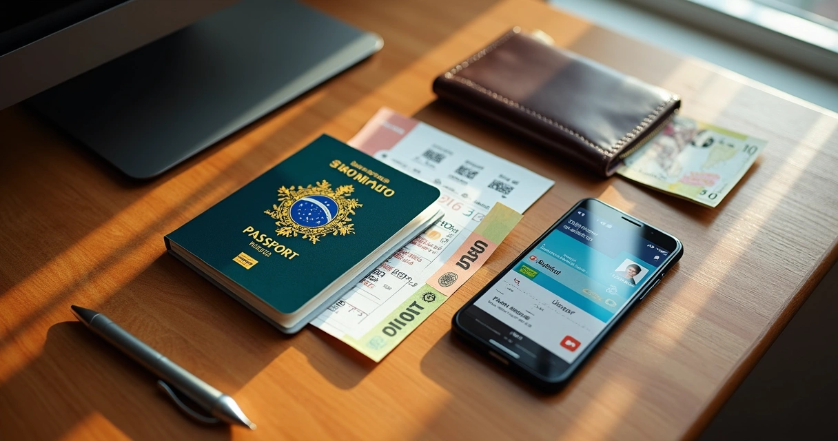 Mesa com passaporte, carteira de identidade, passagens e smartphone, pronta para viagem 