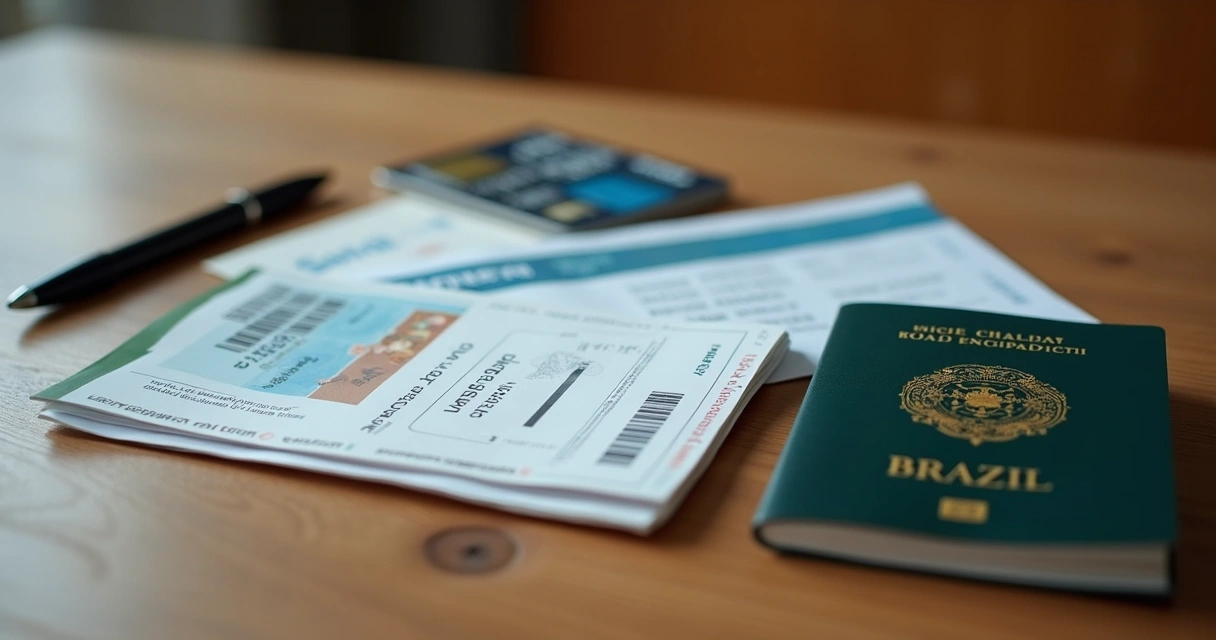 Passaporte, cartões e documentos organizados sobre mesa de madeira. 