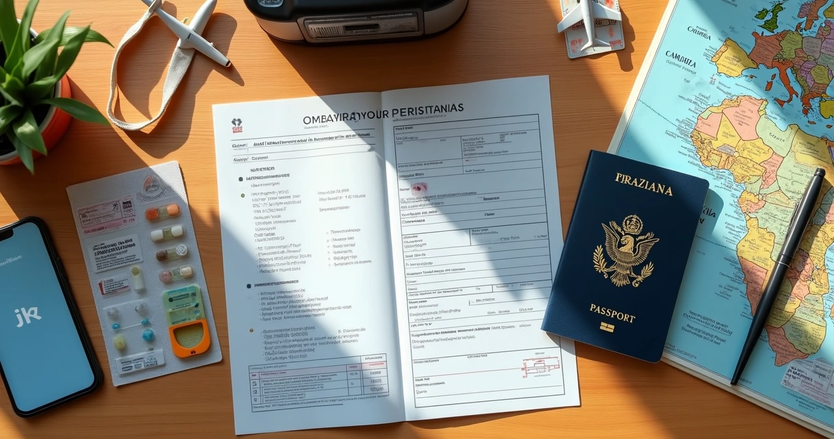 Mesa organizada com passaporte, certificado de vacina e receita médica para viagem internacional 