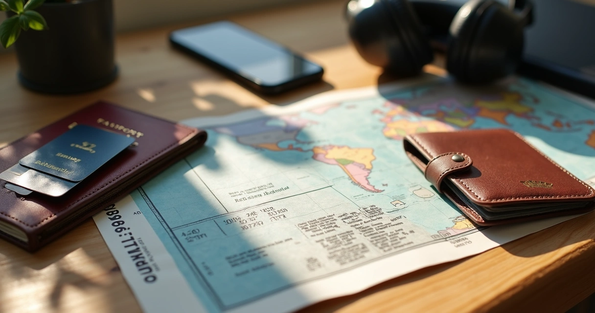 Documentos de viagem organizados sobre uma mesa com passaporte, cartão de embarque e carteira 
