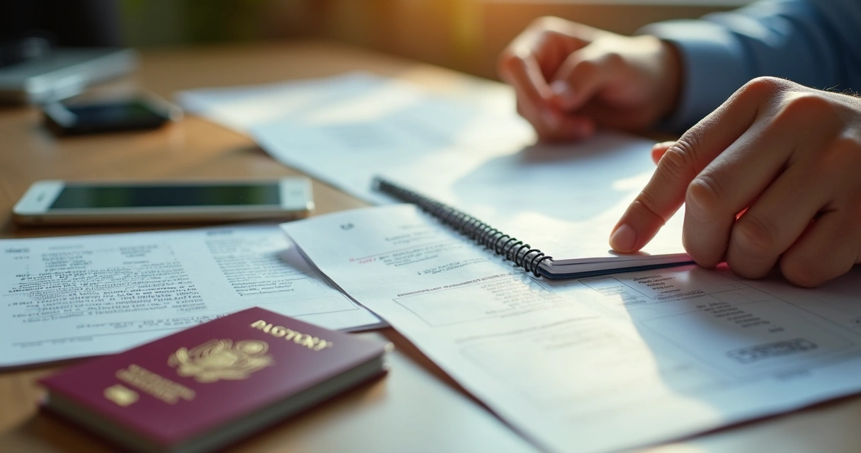 Documentos de viagem, passaporte, apólice de seguro em cima da mesa com mão organizando 