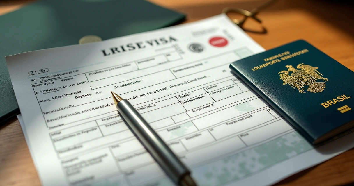 Documentos para visto organizados em mesa com passaporte, formulários e caneta 
